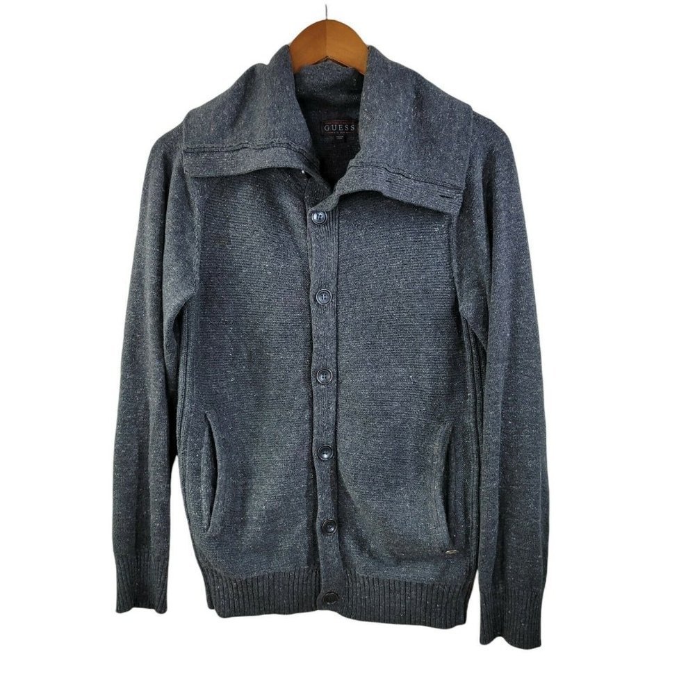 Guess Cardigan Sweater size Small Cotton Gray button up mock Neck heavy weight
